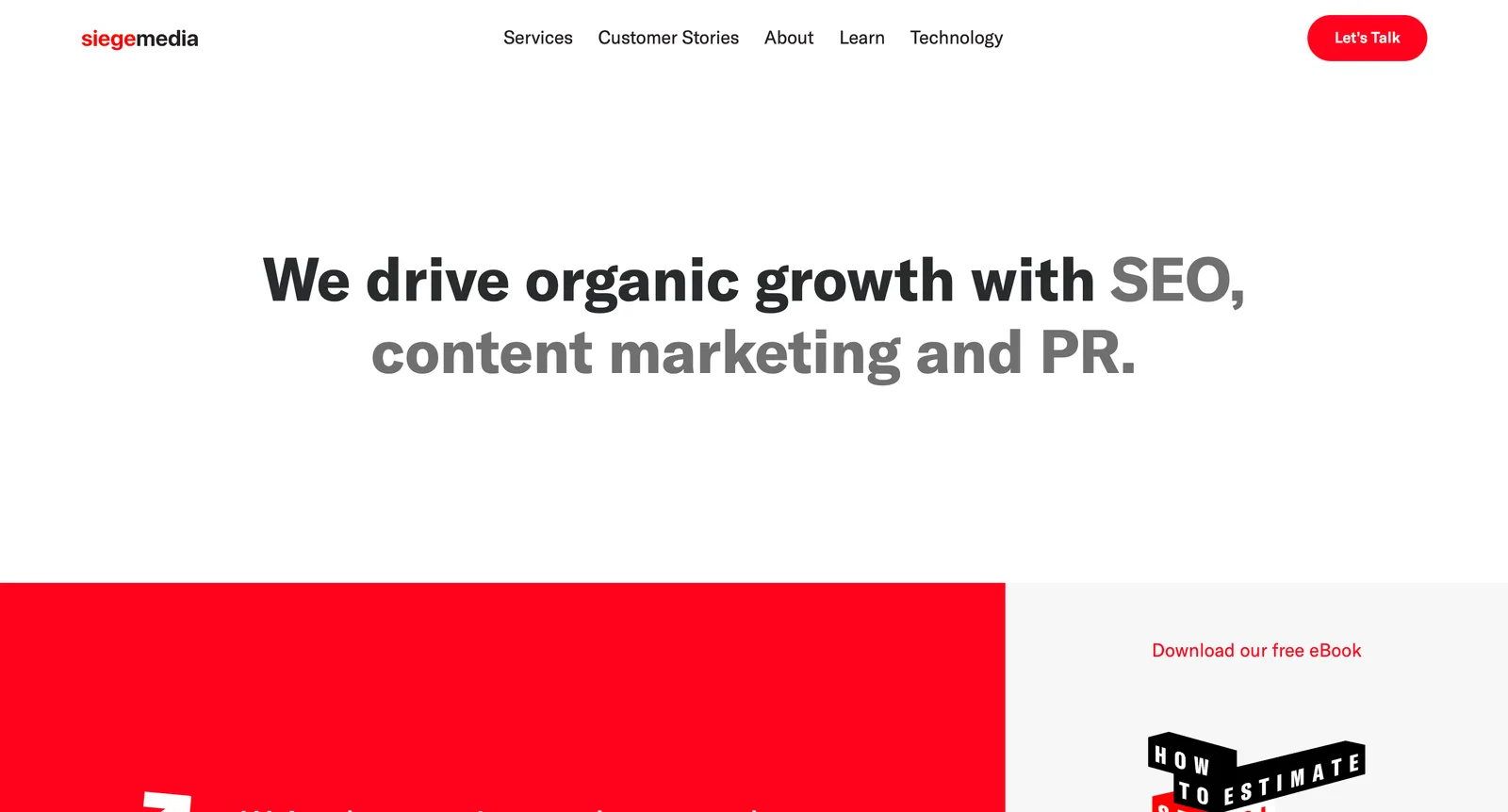 Siege Media's homepage headline: "We drive organic growth with SEO, content marketing and PR" (homepage as captured in 2025).