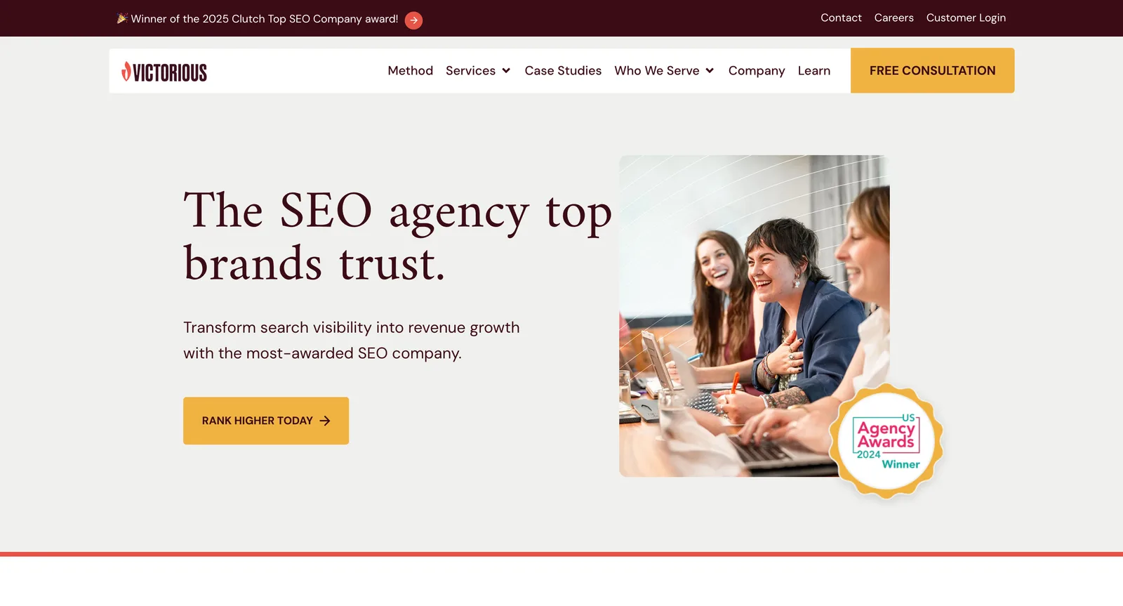 Victorious homepage: "The SEO agency top brands trust", with a free consultation button (homepage as captured in 2025).