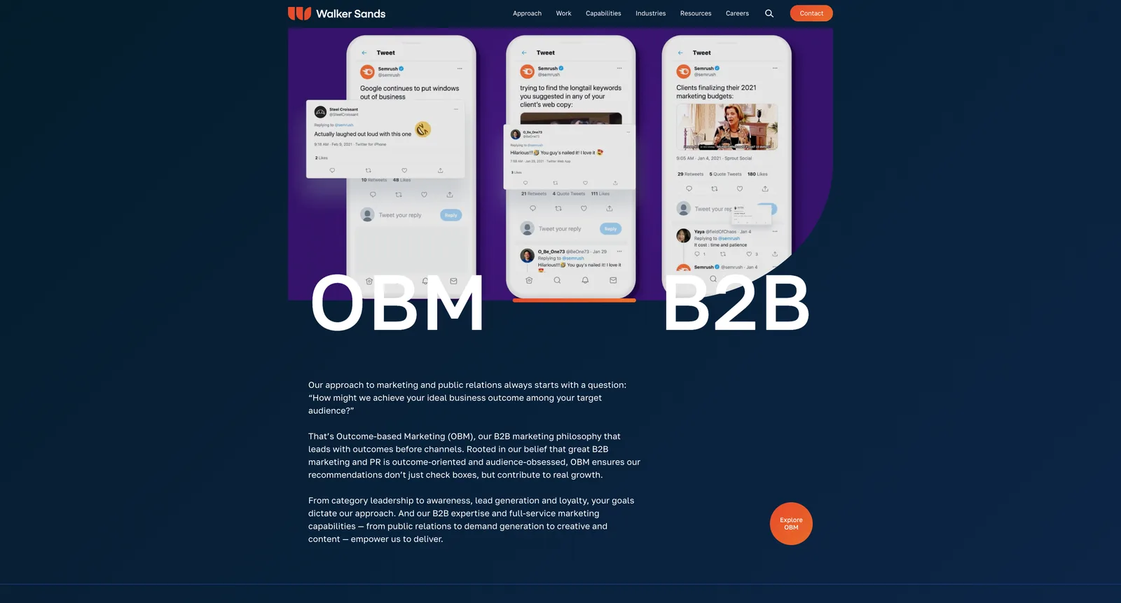 Walker Sands homepage promoting outcome-based marketing (OBM) for B2B (homepage as captured in 2025).