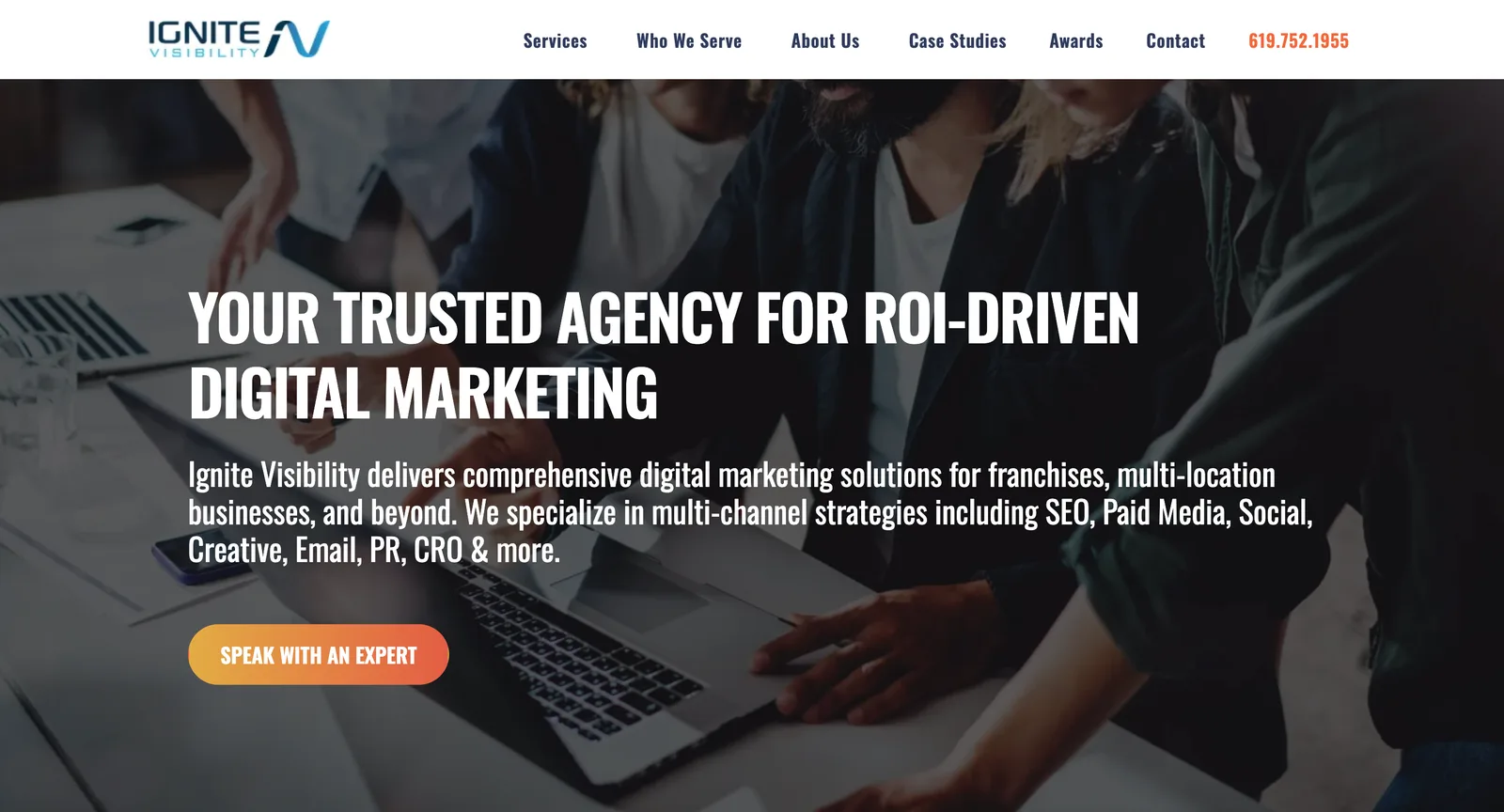 Ignite Visibility homepage: "Your trusted agency for ROI-driven digital marketing" across SEO, paid media, social, creative, email, PR and CRO (homepage as captured in 2025).
