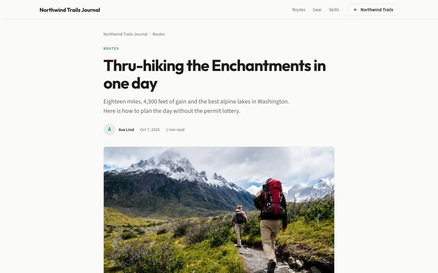 Example blog post page on a free blog template, with breadcrumbs, a category label, the author and a large cover image