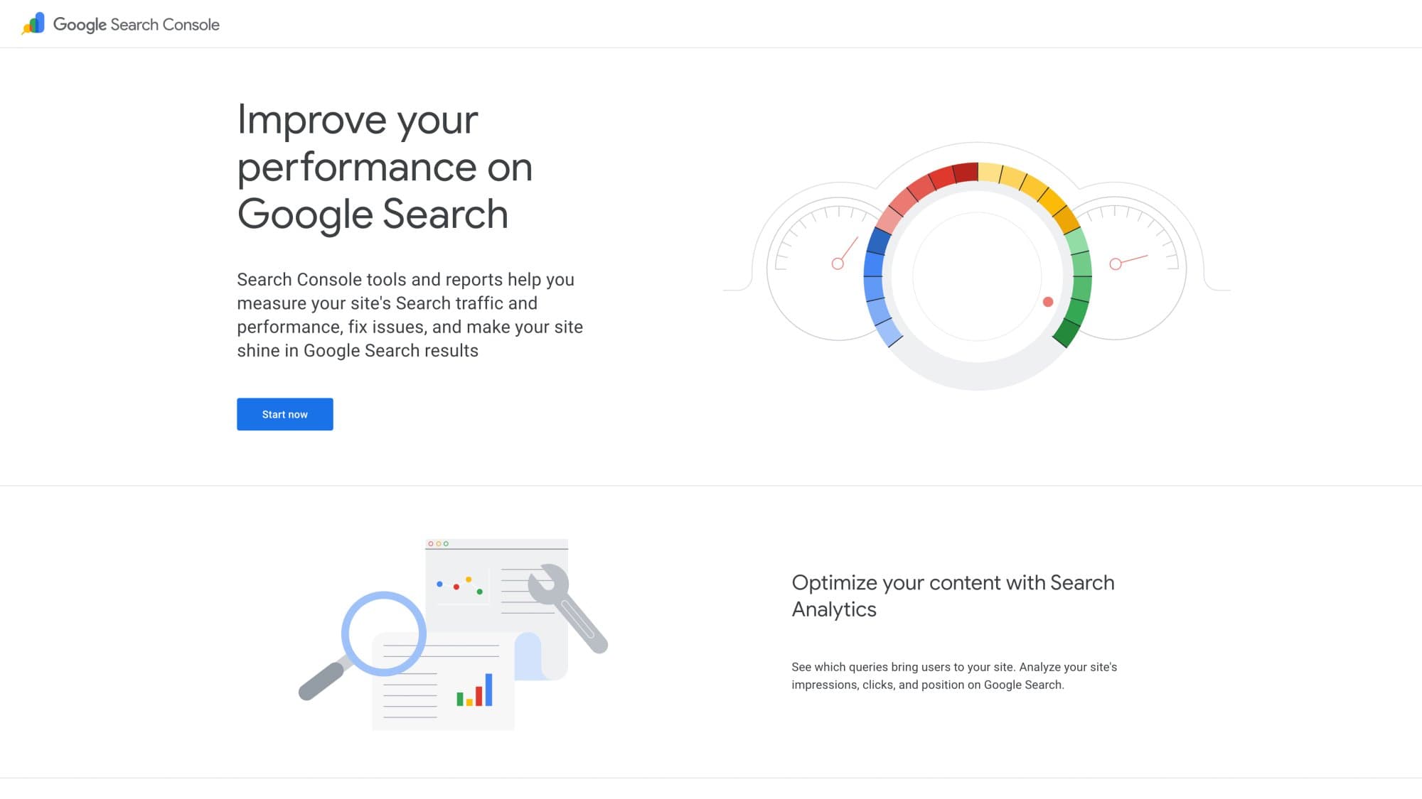 Google Search Console's landing page: free tools and reports that measure search traffic and performance and help fix issues.