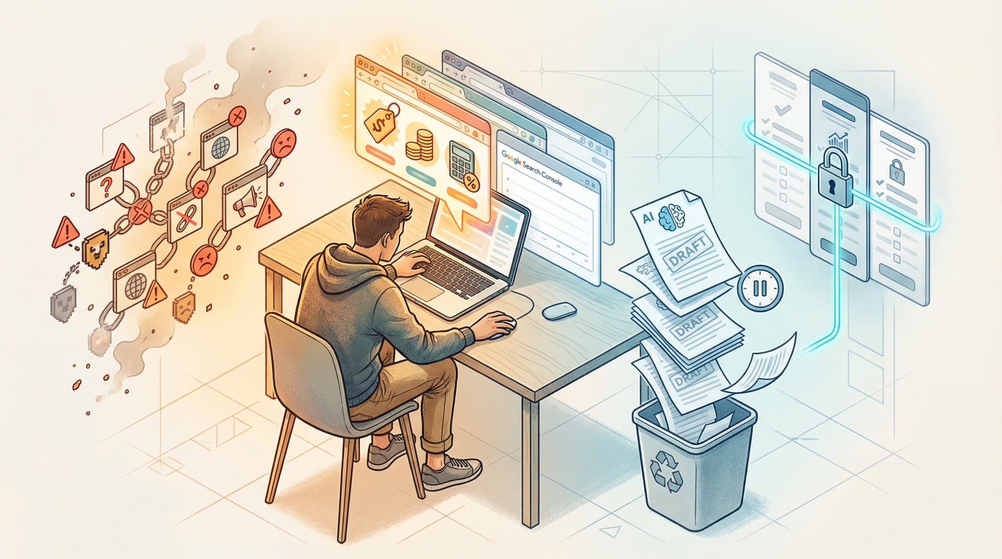 Illustration of cheap SEO mistakes: spammy link chains and warning signs on one side, unreviewed AI drafts going into the bin on the other.