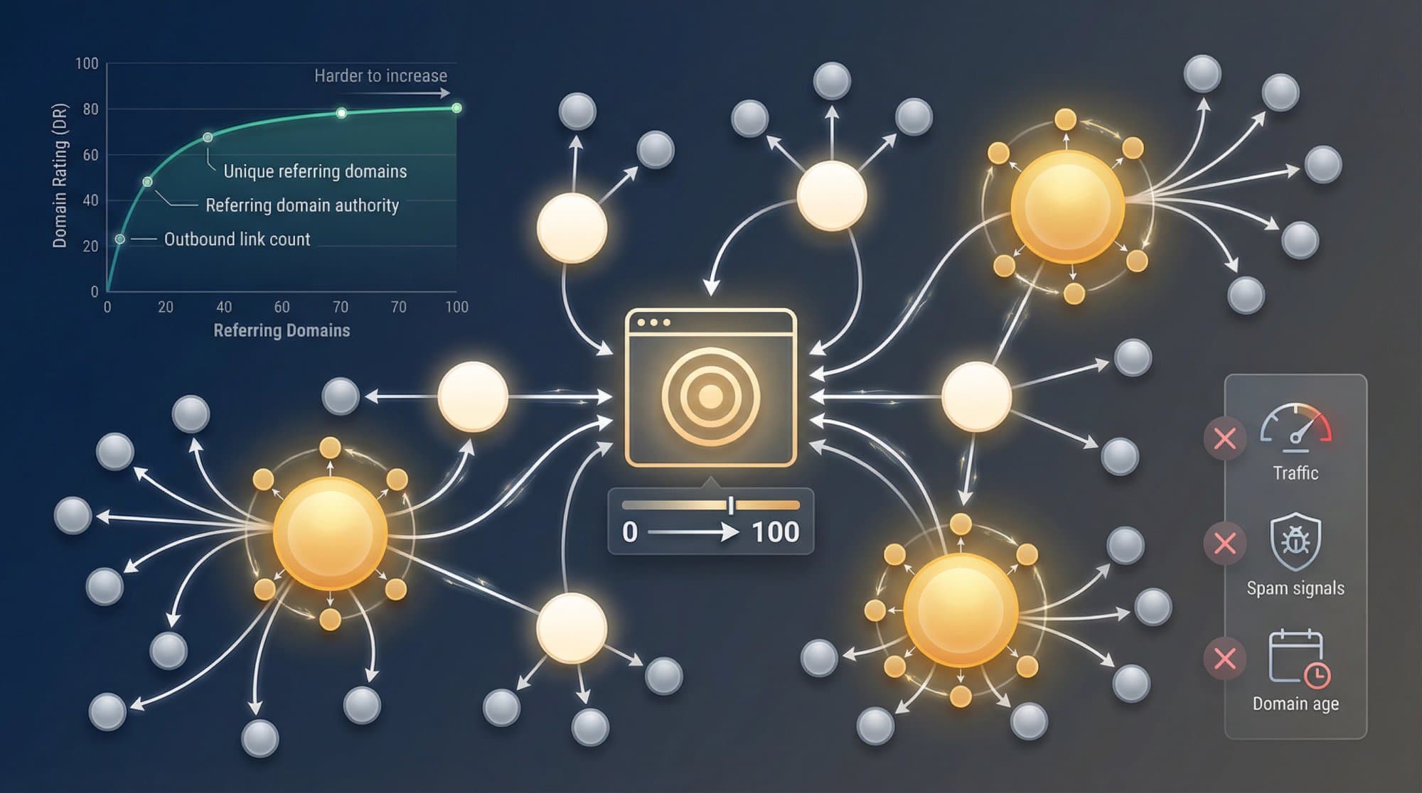 Ahrefs Domain Rating as a link graph: referring domains pass rating to a site, while traffic, spam signals and domain age are excluded