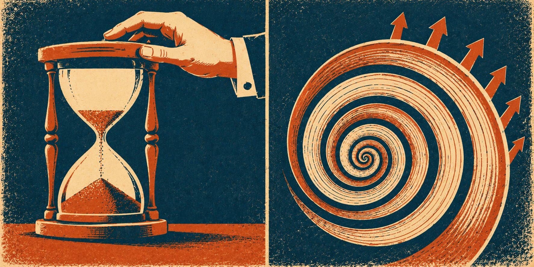 Split illustration of an hourglass running out on one side and a growing spiral with arrows on the other, contrasting paid reach that ends with an organic asset that compounds