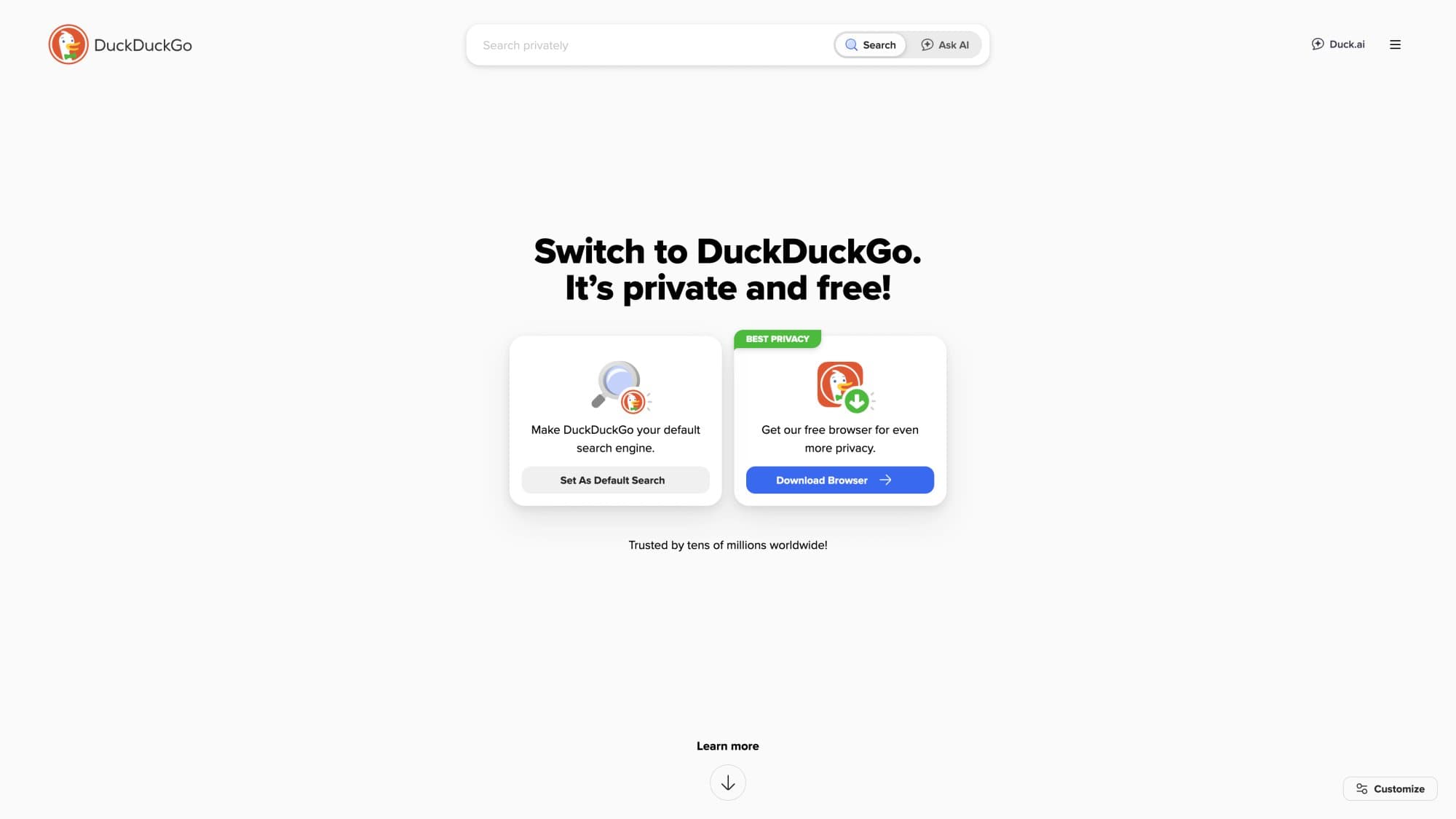 DuckDuckGo homepage inviting visitors to switch to private search