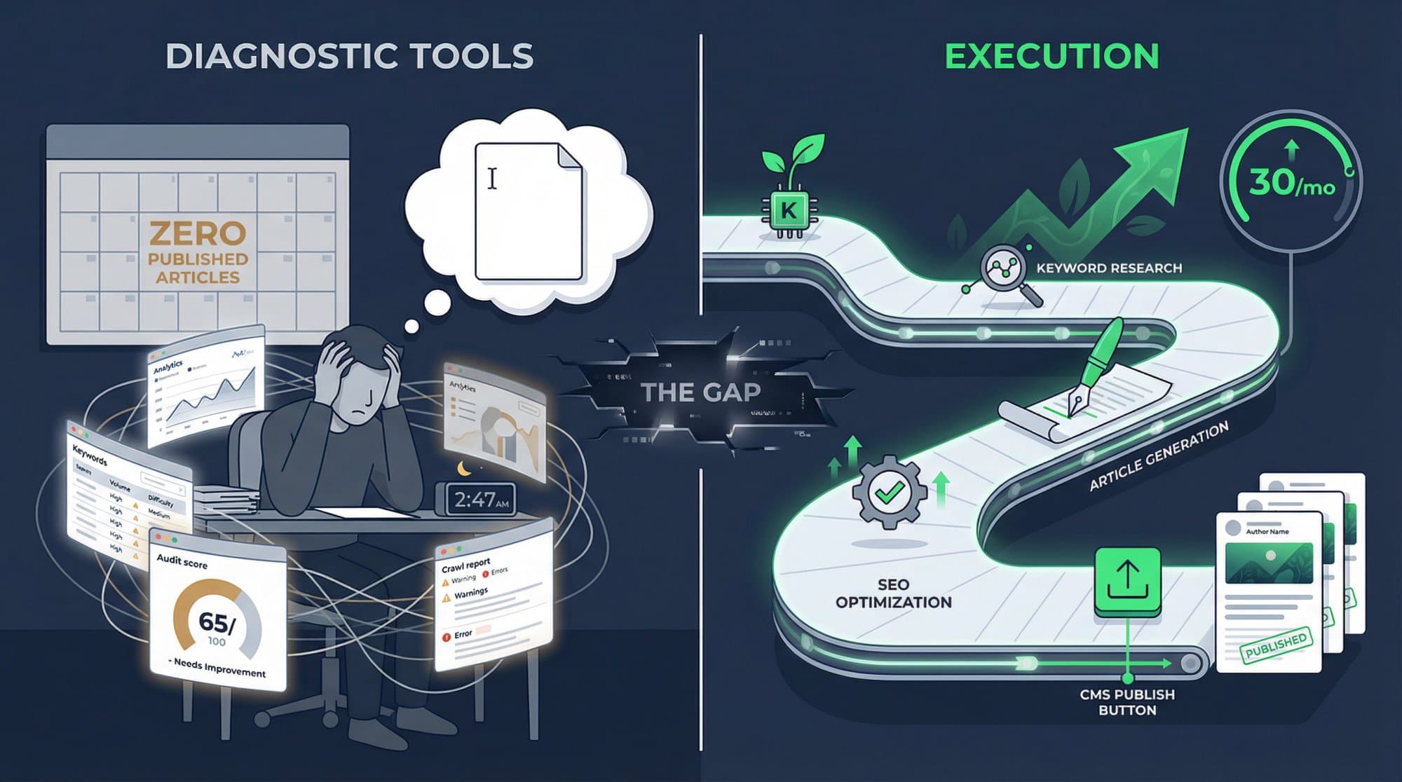 On the left, diagnostic tools pile up audits and reports while zero articles get published; on the right, an execution pipeline goes from keyword research to article generation, optimisation and CMS publishing at 30 articles a month.