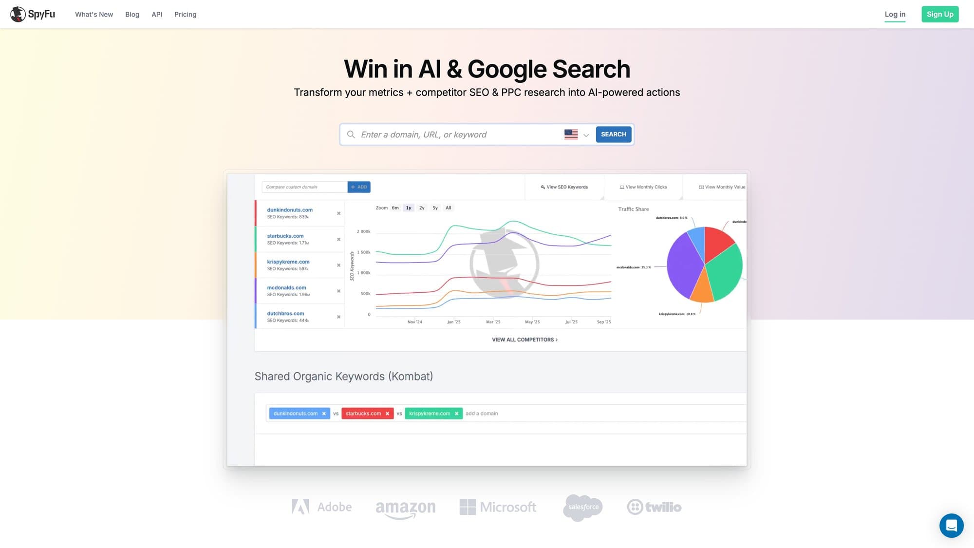 SpyFu homepage with competitor keyword and PPC research tools