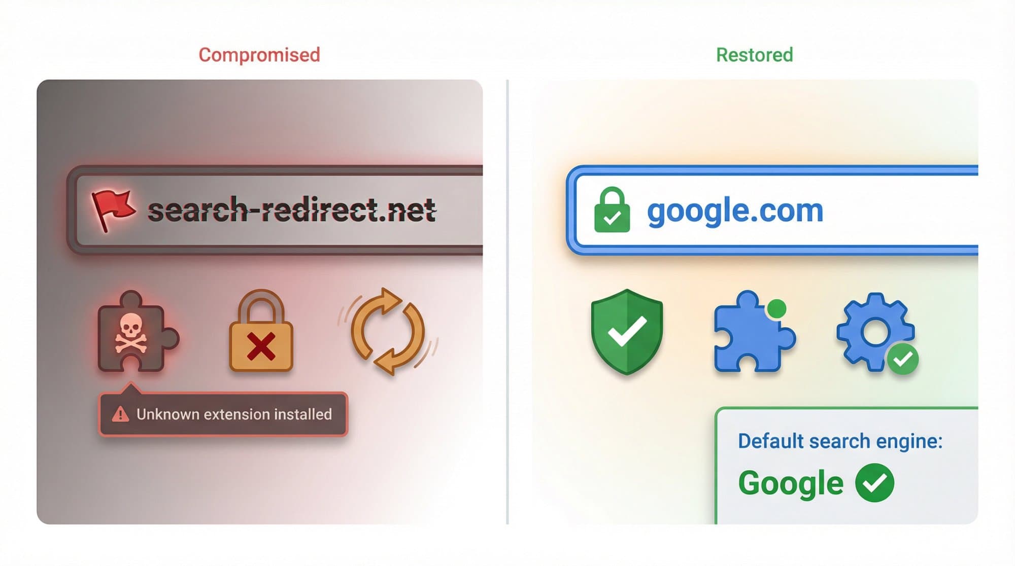 A hijacked browser with an unfamiliar search engine and unknown extension, next to a cleaned browser with Google restored as the default