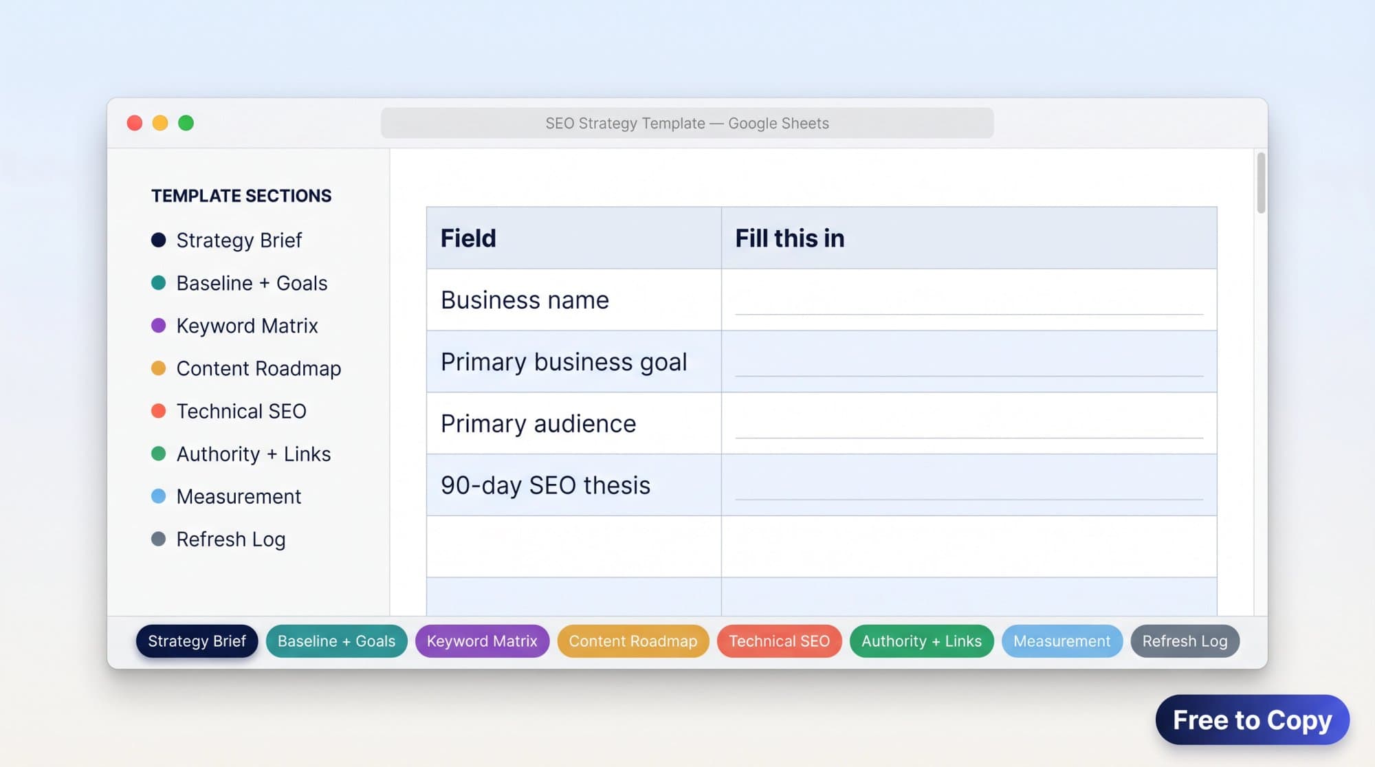 An SEO strategy template open in Google Sheets with eight colour-coded tabs: Strategy Brief, Baseline + Goals, Keyword Matrix, Content Roadmap, Technical SEO, Authority + Links, Measurement and Refresh Log.