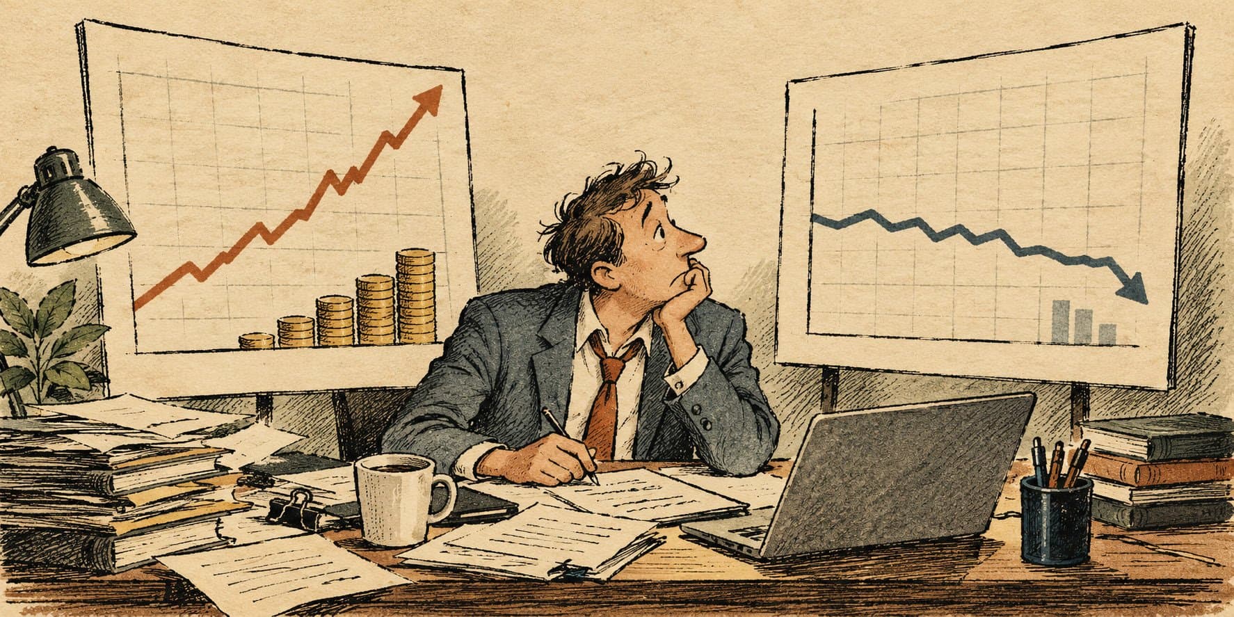 Cartoon of a marketer at a desk looking from a chart of rising costs to a chart of falling results