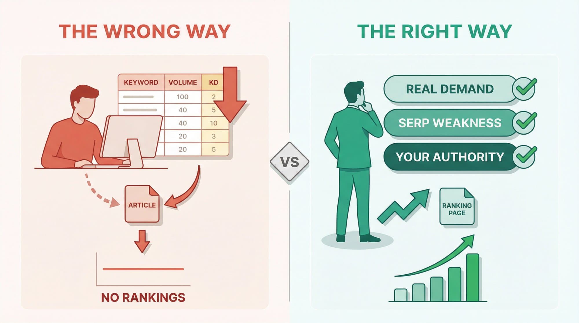 Comparison of the wrong way to pick keywords, sorting by volume and low KD, and the right way, checking real demand, SERP weakness and your own authority