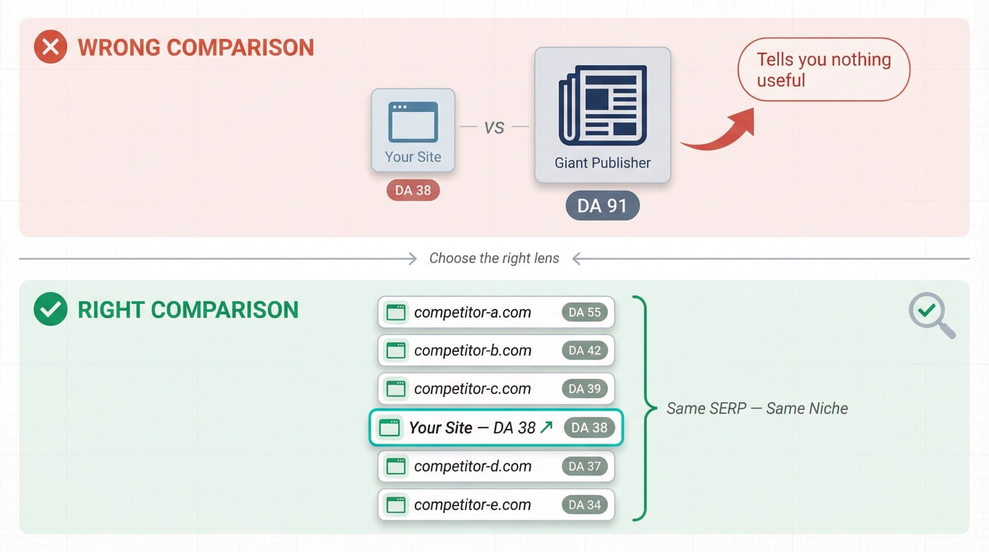 Wrong vs right DA benchmarking: comparing your site with a giant publisher tells you nothing; compare with the sites ranking next to you for the same keywords