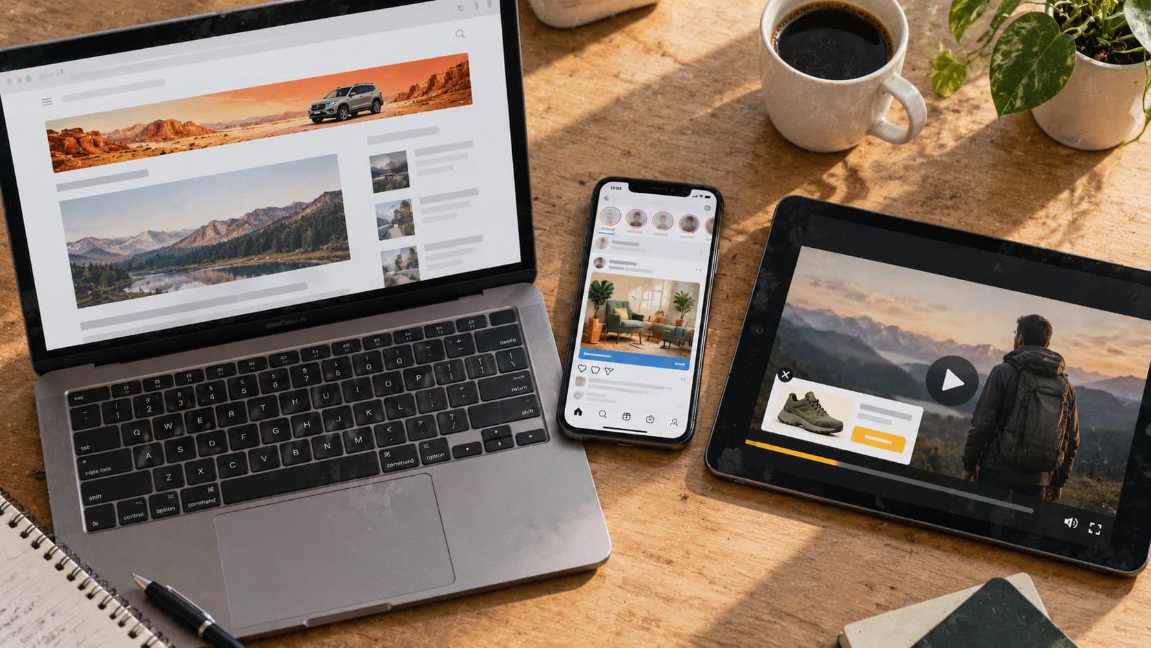 Laptop with a banner ad, phone with a social feed and tablet playing a video ad with a product overlay, showing display, native and video ad formats