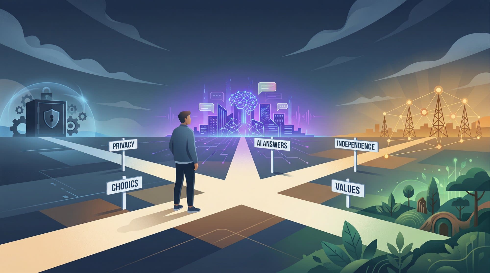 A person at a crossroads with paths labeled Privacy, AI Answers, Independence, Values and Choices, representing the different reasons to leave Google