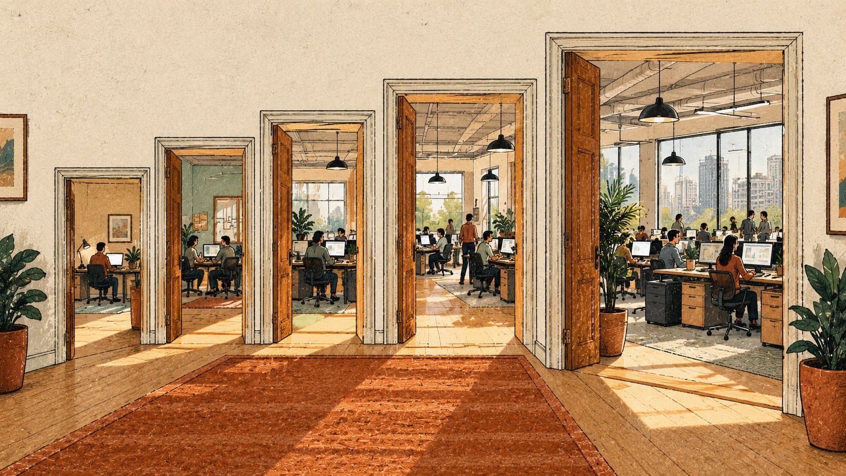 Illustration of a corridor of doorways that get larger, each opening onto a bigger office, representing the step-up from small to premium ad networks as traffic grows