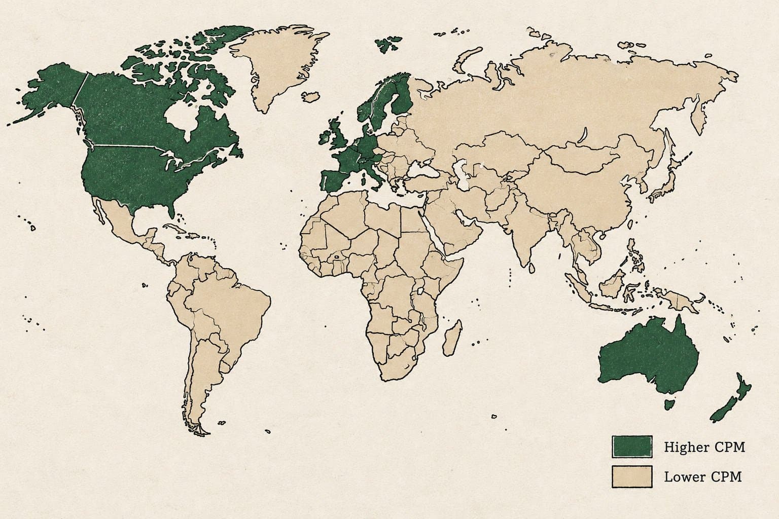 Map highlighting the United States, Canada, Western Europe and Australia, the markets where advertisers usually pay the highest CPMs