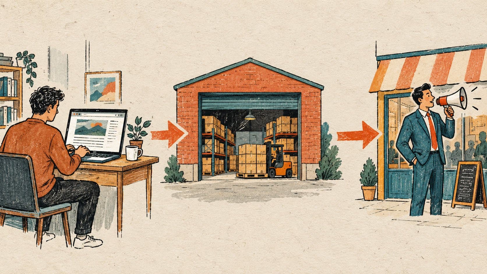 Illustration of a publisher at a laptop, an arrow to a warehouse full of boxes, and an arrow to a salesman with a megaphone, showing publishers supplying ad space that a network packages and sells