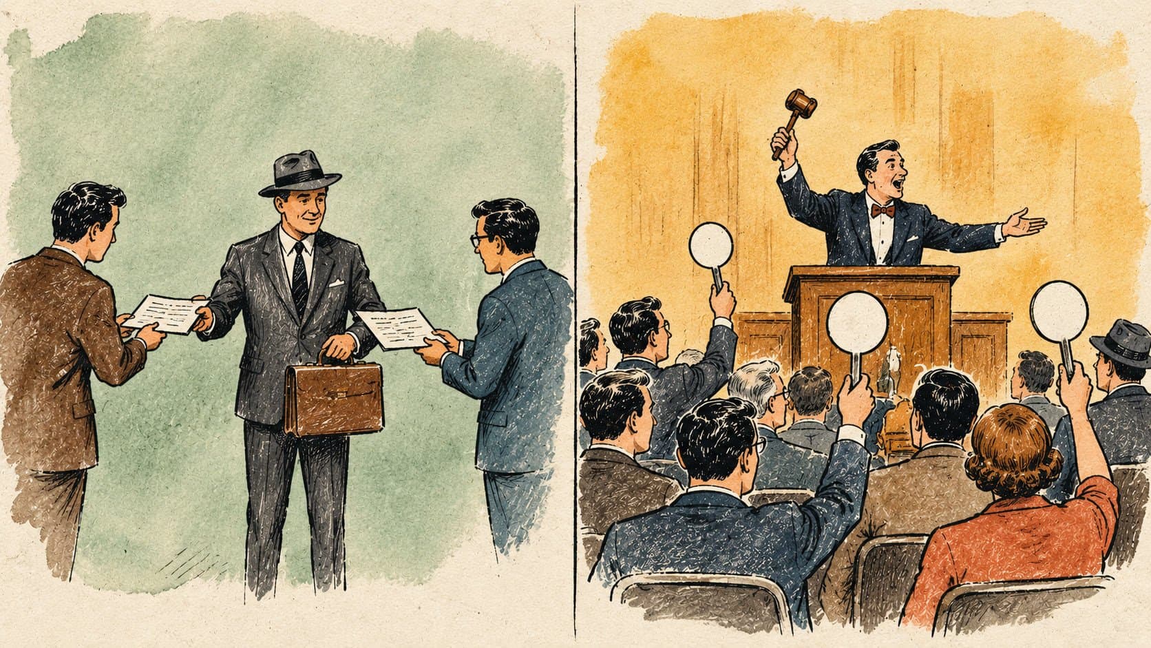 Split illustration of a broker handing over a contract on one side and an auctioneer with raised paddles on the other, contrasting negotiated network sales with exchange auctions