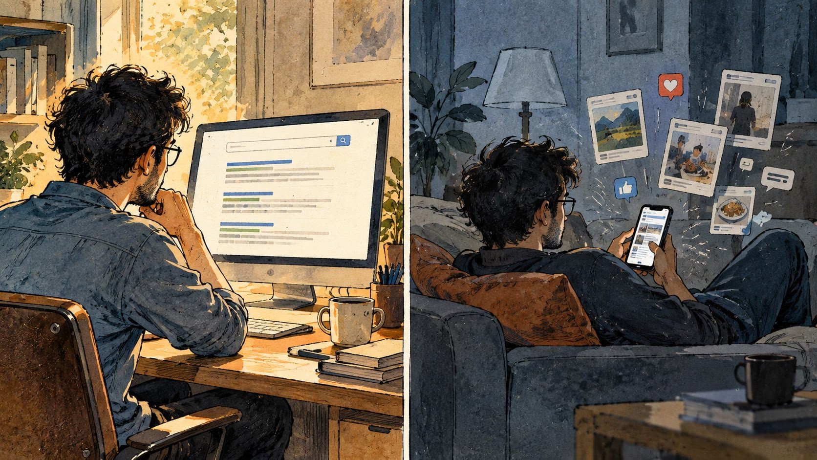 Split illustration of a man researching on a desktop search engine and the same man scrolling social media on a sofa, contrasting search intent with casual browsing