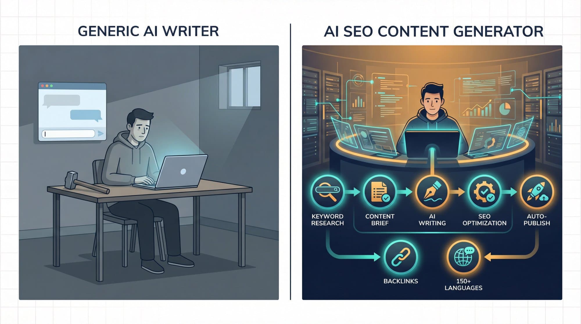 Illustration comparing a generic AI writer (one person with a chat window) with an AI SEO content generator pipeline: keyword research, content brief, AI writing, SEO optimization, auto-publish, backlinks and 150+ languages