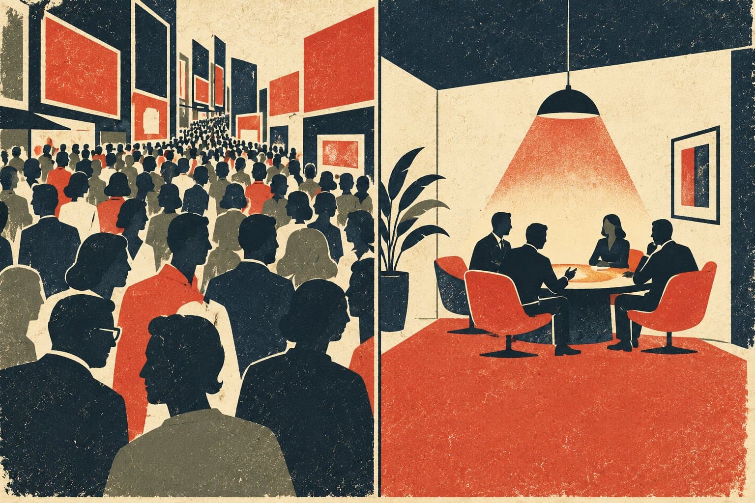 Split illustration contrasting a crowded open marketplace with a small private meeting room, representing open auctions versus private marketplace deals