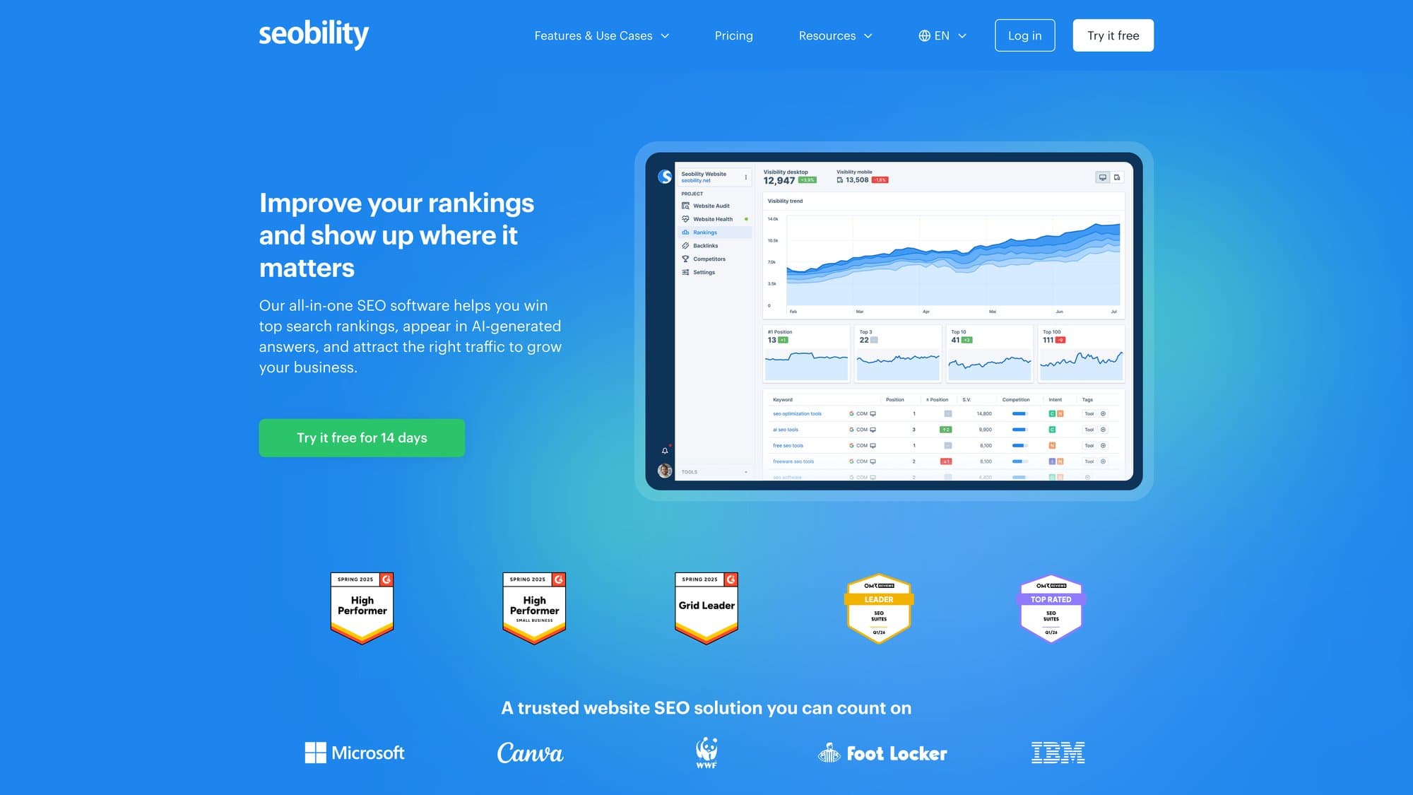 Seobility homepage with SEO checker, rank tracking and backlink monitoring