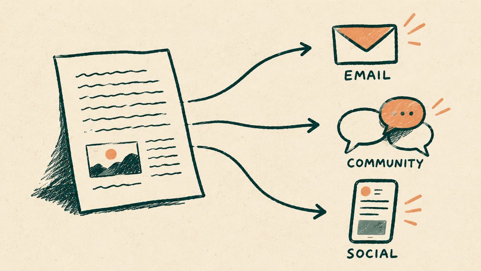Hand-drawn editorial illustration of a blog post branching into three distribution paths: email, online community, and a single social channel
