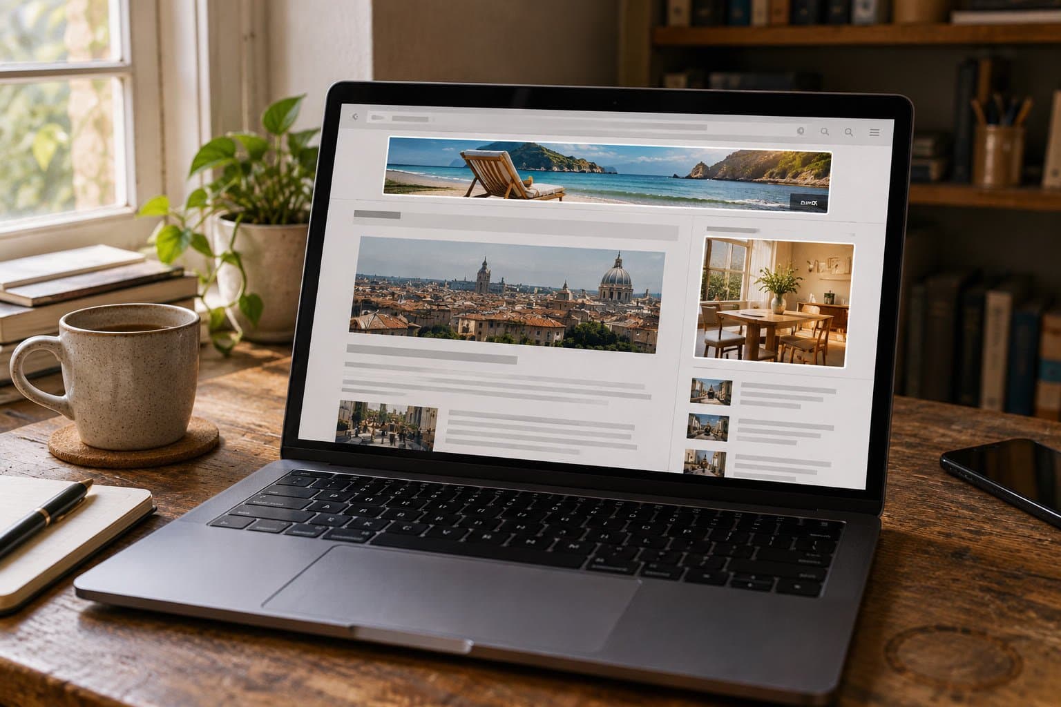 Laptop on a desk showing a travel website with a wide banner ad across the top of the page