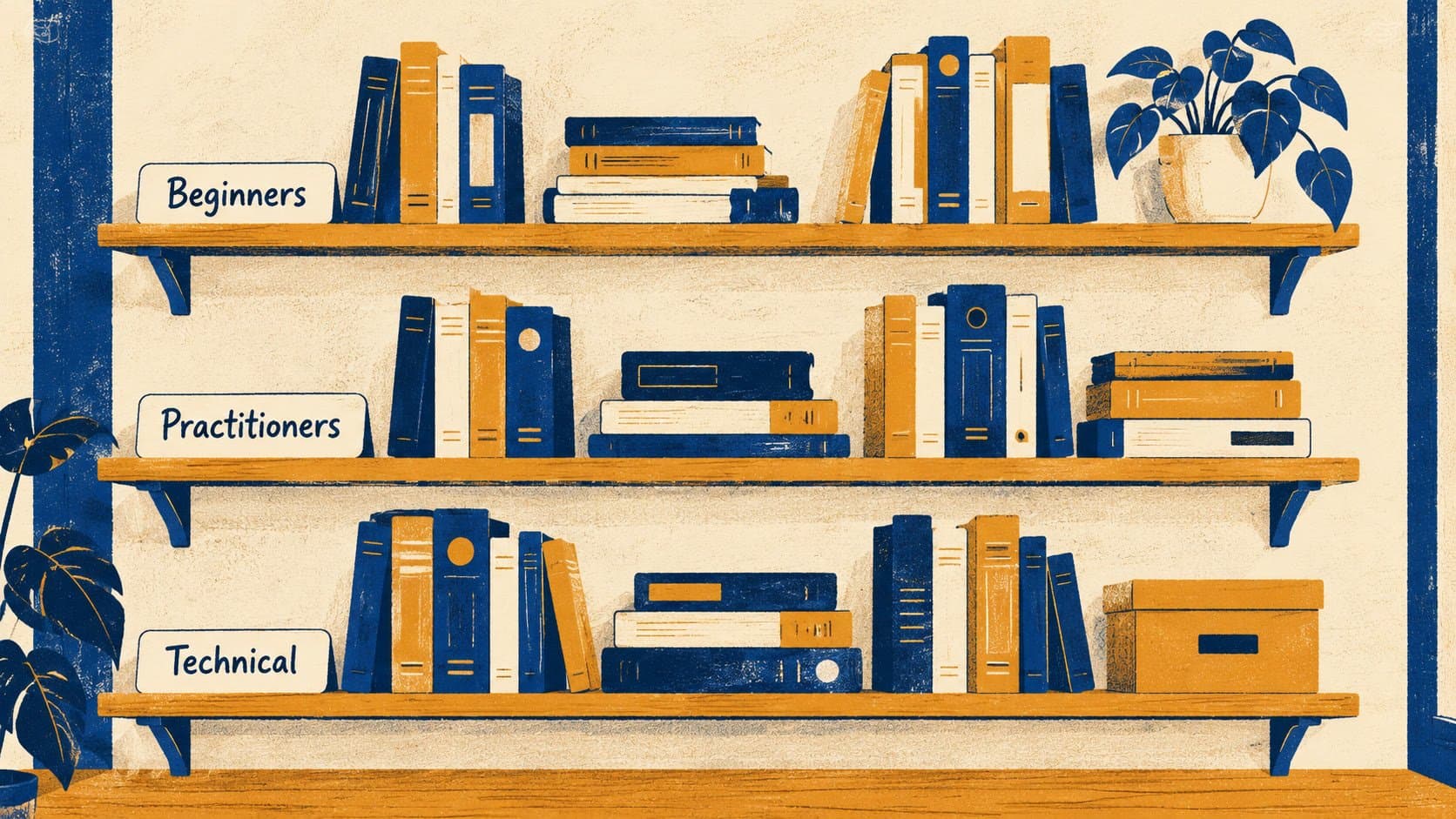 An editorial illustration of a curated reading desk with shelves organized by skill level: Beginners, Practitioners, and Technical