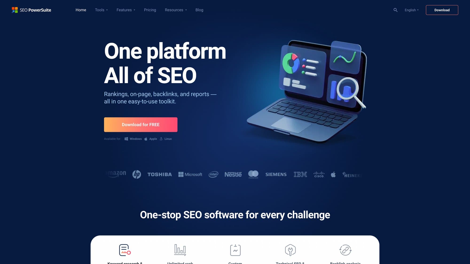 SEO PowerSuite homepage showing Rank Tracker, WebSite Auditor, SEO SpyGlass and LinkAssistant