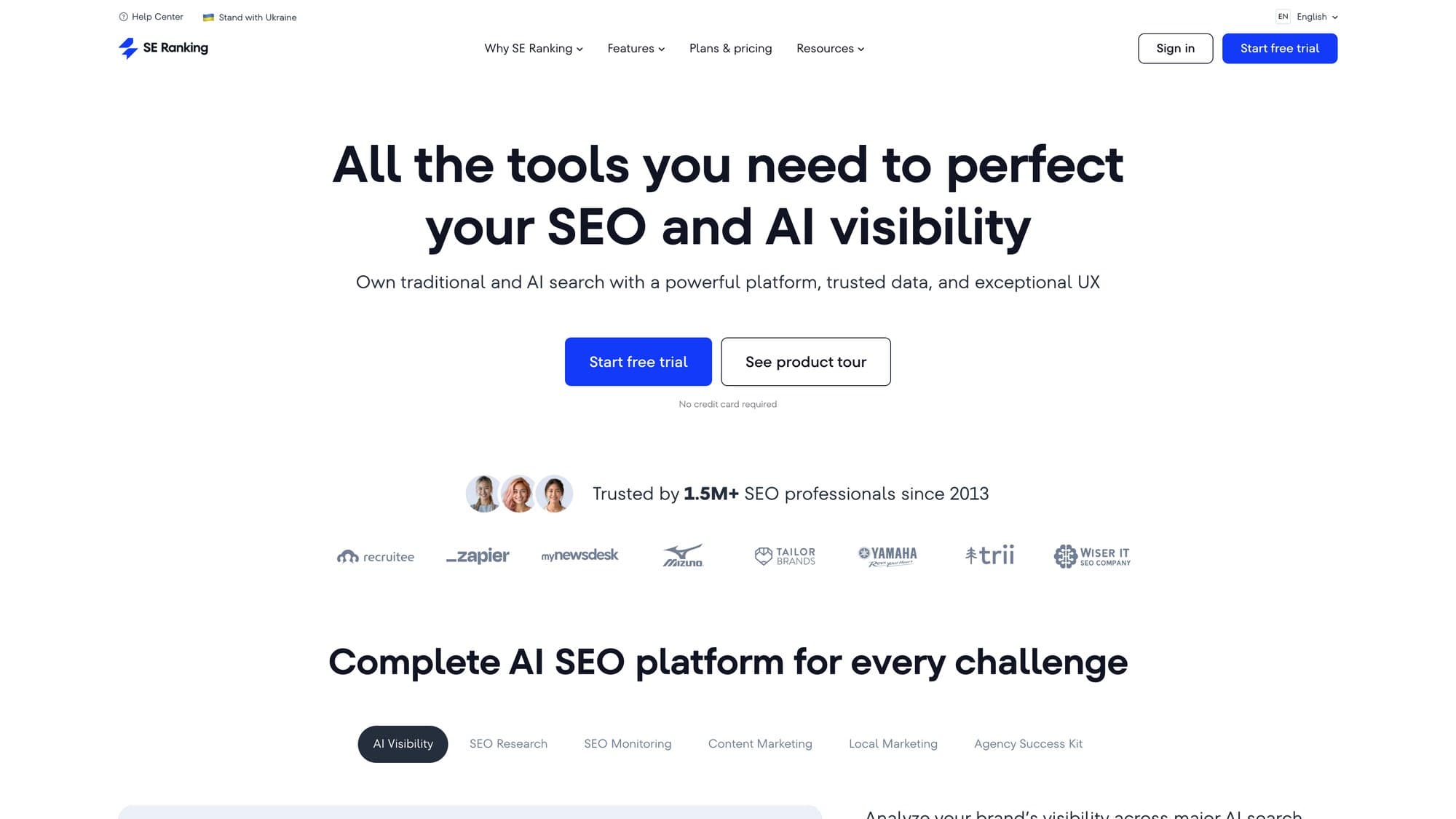 SE Ranking homepage with rank tracking, competitor research and AI visibility tools