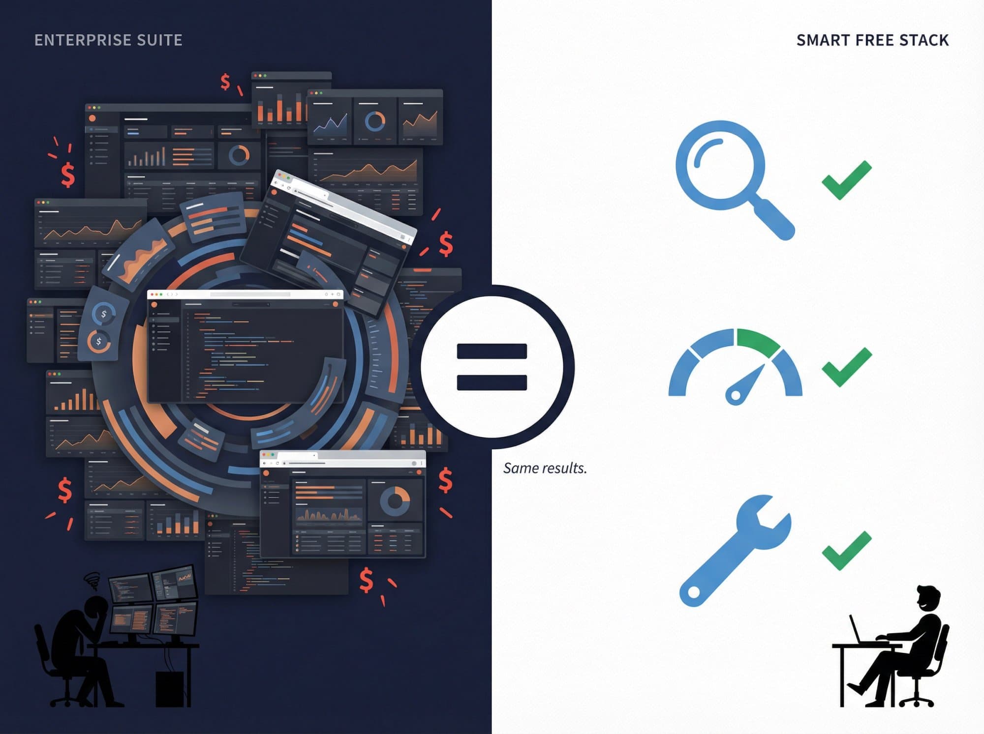 Comparison of an expensive enterprise SEO suite and a smart free stack: for a small site, the free search, measurement and repair tools produce the same results.