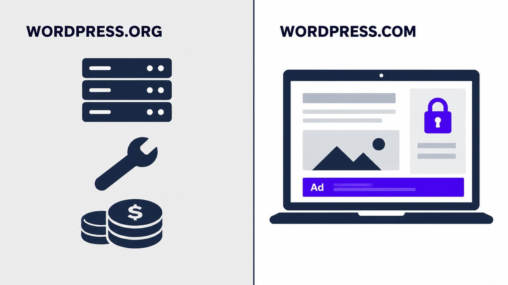 Illustration showing the difference between WordPress.org self-hosted setup and WordPress.com free hosted plan