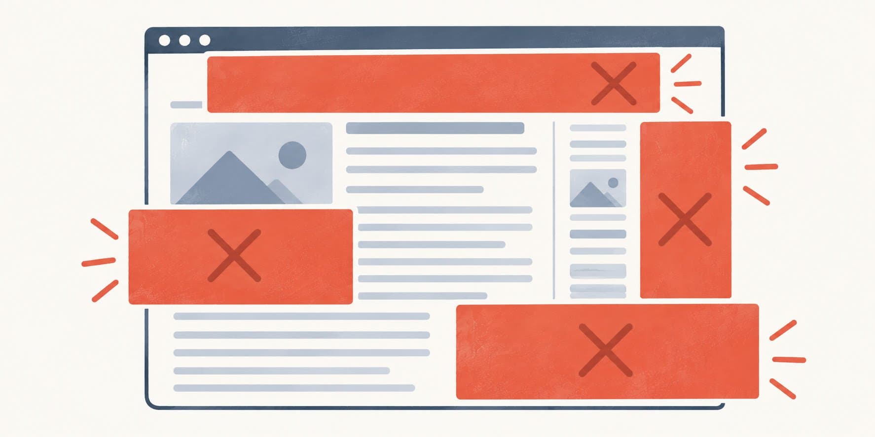 A clean webpage mockup almost entirely blocked by large, intrusive banner ad rectangles — representing what ads on a free plan look like to your visitors