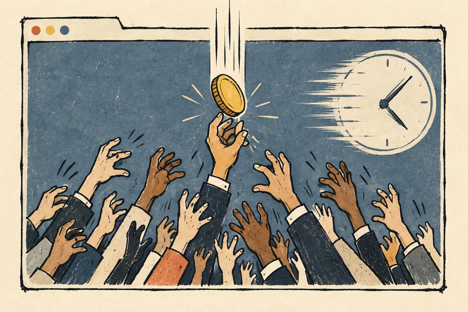 Illustration of many hands reaching for a single coin against a clock, representing advertisers bidding on one ad impression