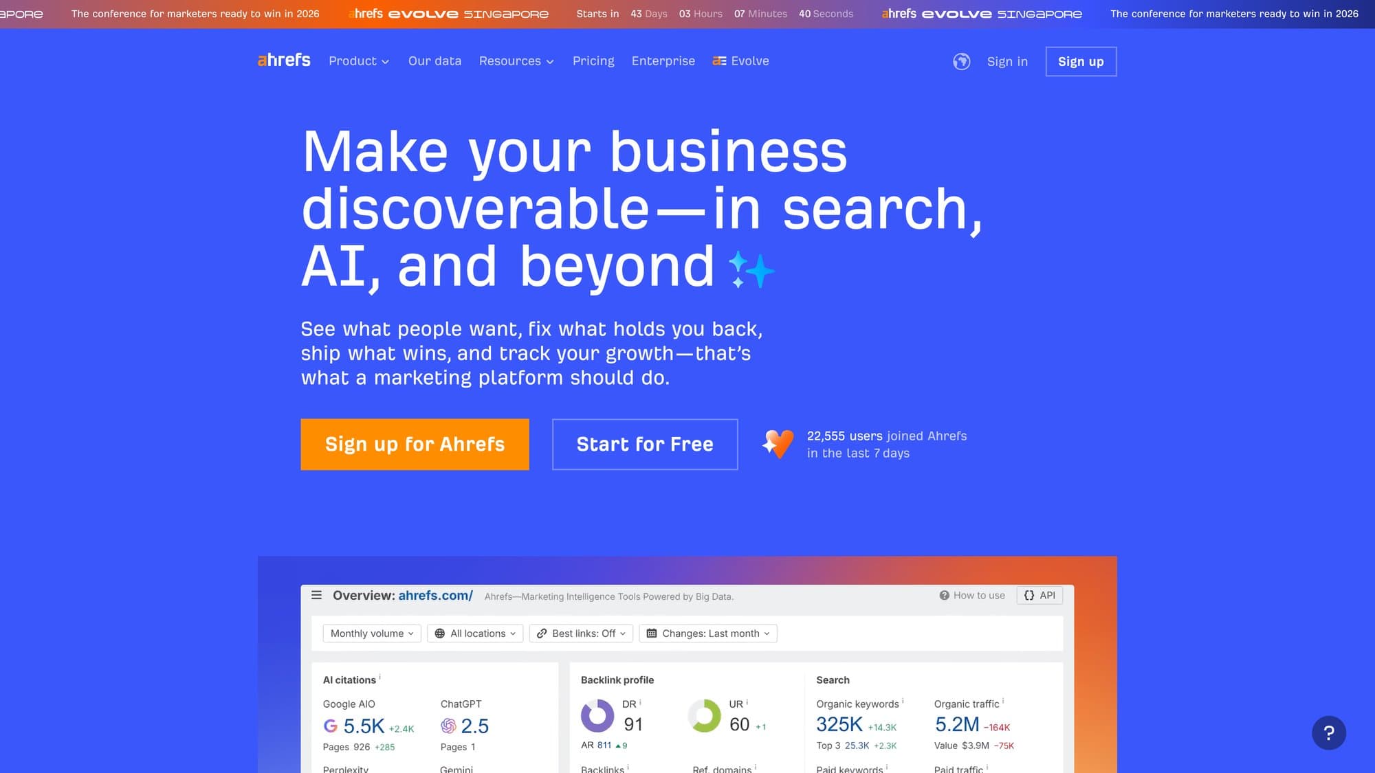 Ahrefs homepage with Site Explorer, Keywords Explorer and web-scale SEO data