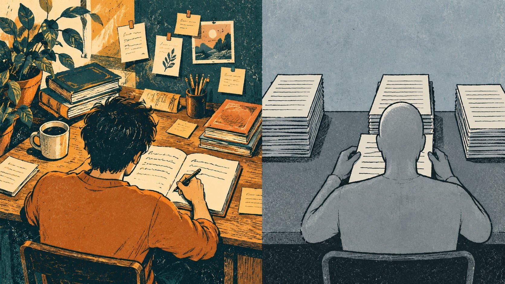 Editorial illustration contrasting a warm personal writing space with a cold generic content production setup