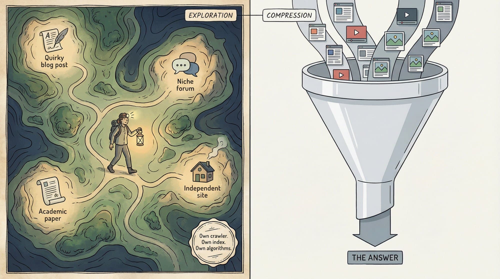 Exploring the web through an independent index versus funneling it into a single AI answer
