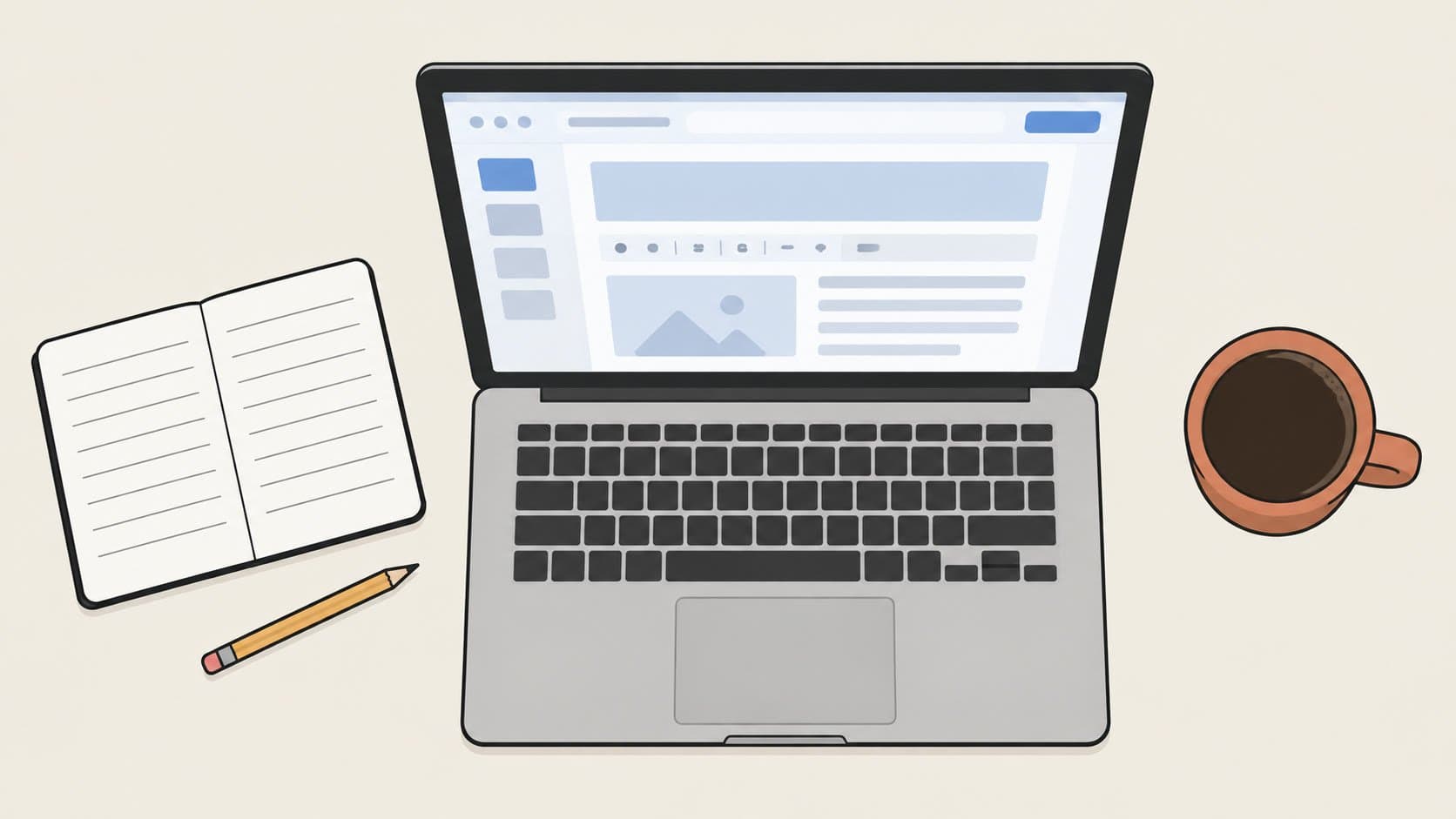 Setting up a Wix blog — a minimal workspace with a laptop showing a block-based blog editor