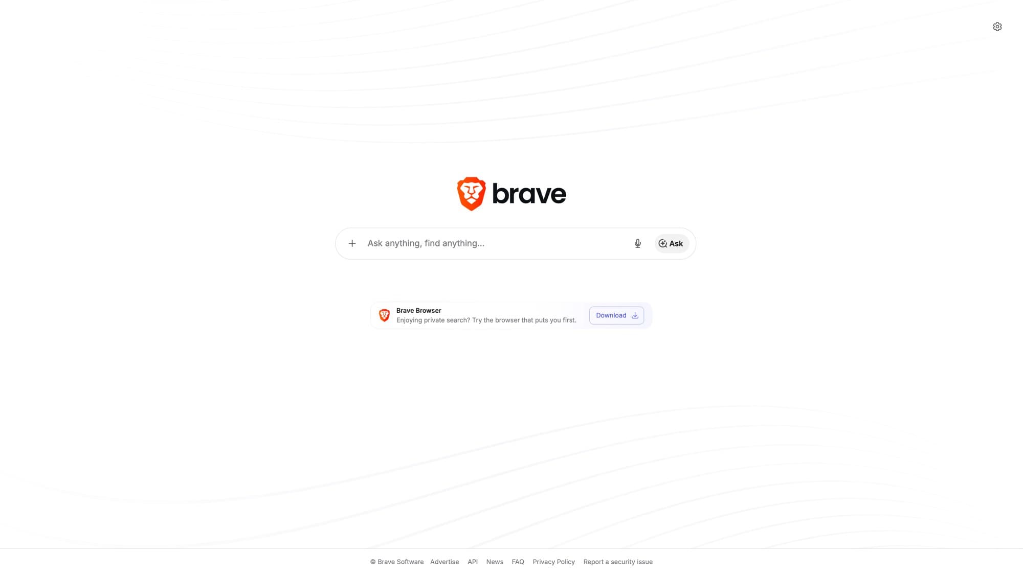 Brave Search homepage with its search box and Ask button