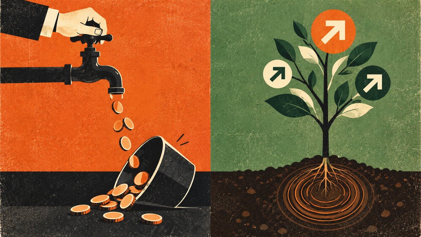 Split illustration of a hand turning a tap that pours coins into an overturned cup next to a growing plant with upward arrows, contrasting spending that stops with an asset that grows