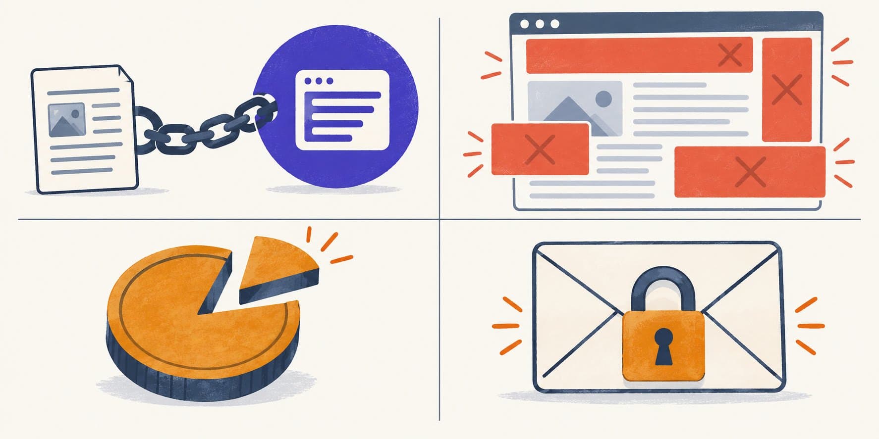 Four hidden costs of free blogging platforms: locked domain, forced ads, revenue cut, and audience lock-in