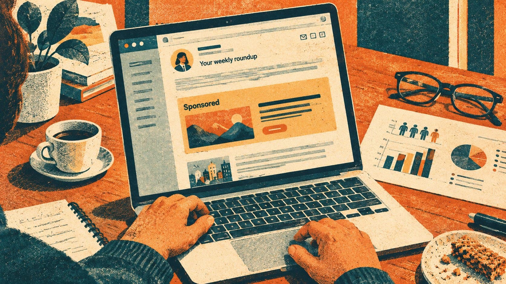 Laptop showing a weekly newsletter with a highlighted sponsored block near the top