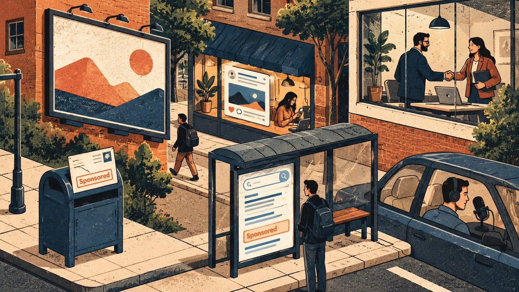 Illustrated street scene with a billboard, a sponsored mailbox, a bus shelter showing a sponsored search result, a café screen and a driver listening to a podcast, representing the different places you can buy ad space