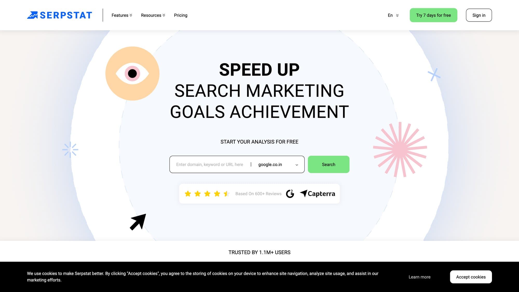 Serpstat homepage showing keyword research, site analysis and competitor tools