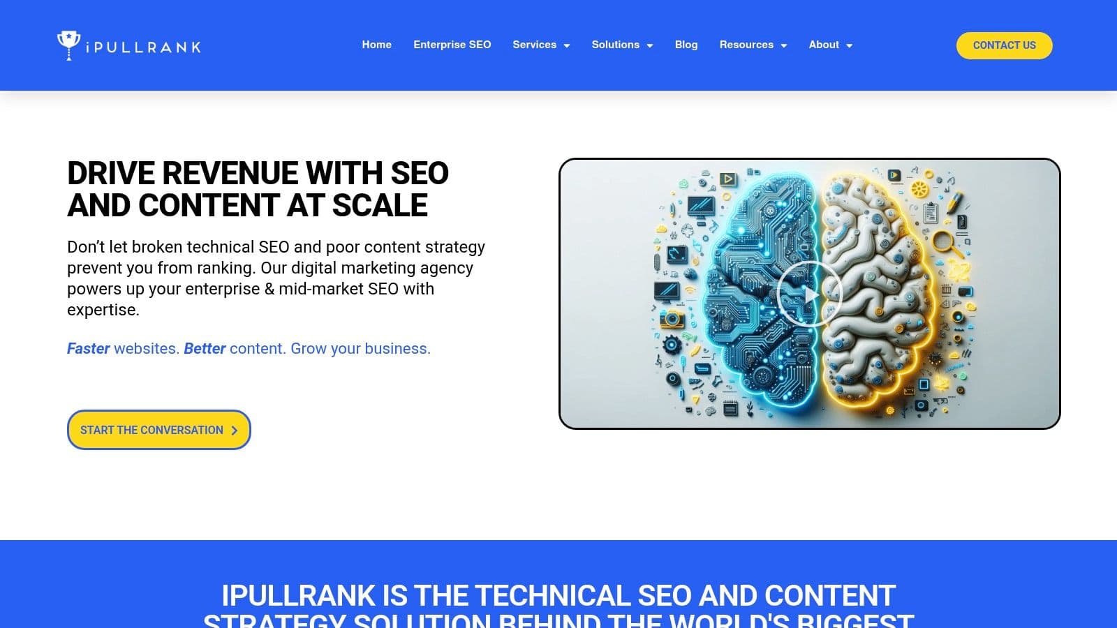 iPullRank homepage headline "Drive revenue with SEO and content at scale" for enterprise and mid-market brands (homepage as captured in 2025).