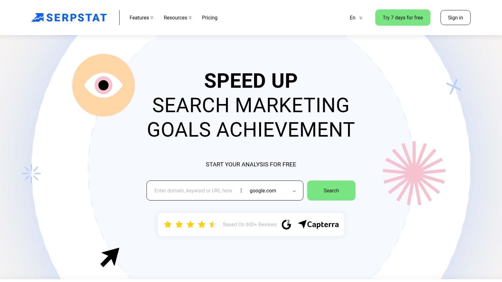 Serpstat homepage: start your SEO analysis for free