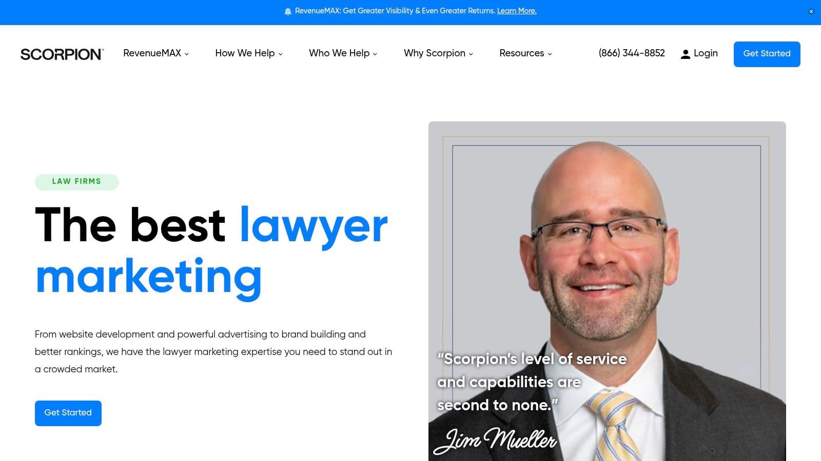 Scorpion's law firm page: "The best lawyer marketing", covering websites, advertising and rankings (page as captured in 2025).