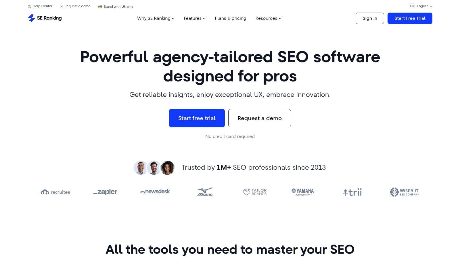 SE Ranking homepage: agency-focused SEO software with a free trial
